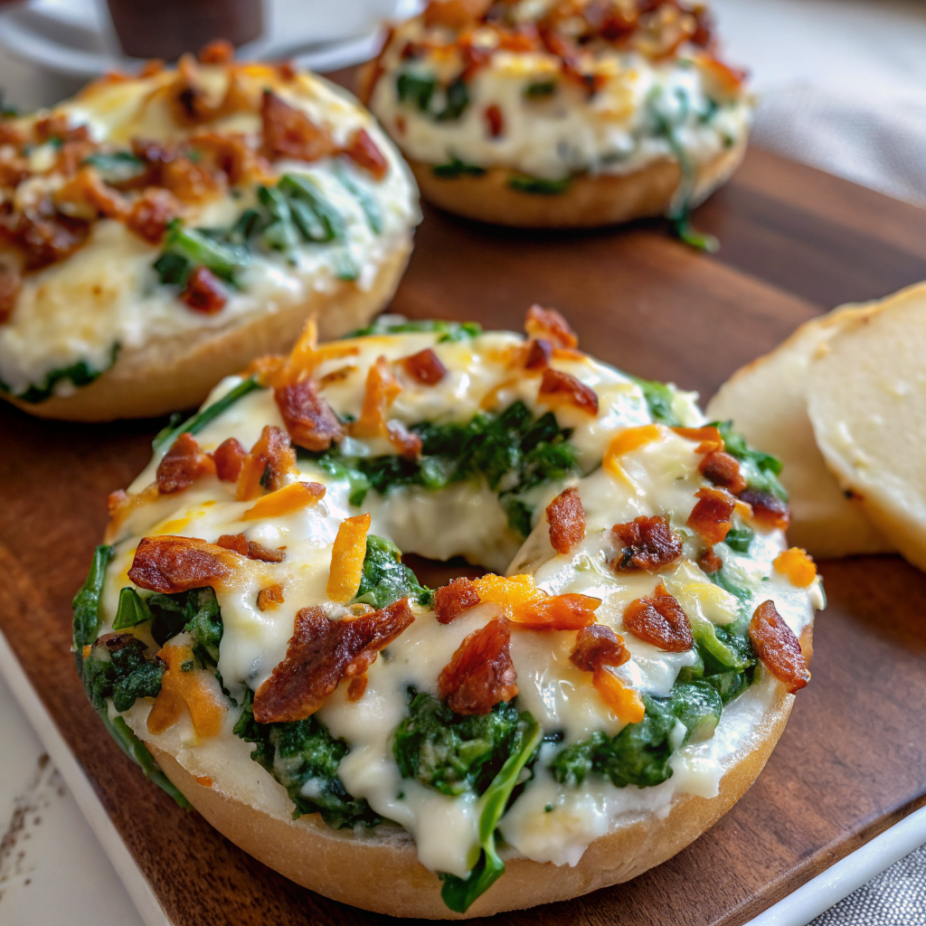 Golden brown Easy Spinach Cottage Cheese Flat Bagels arranged on a rustic wooden board with various toppings and spreads