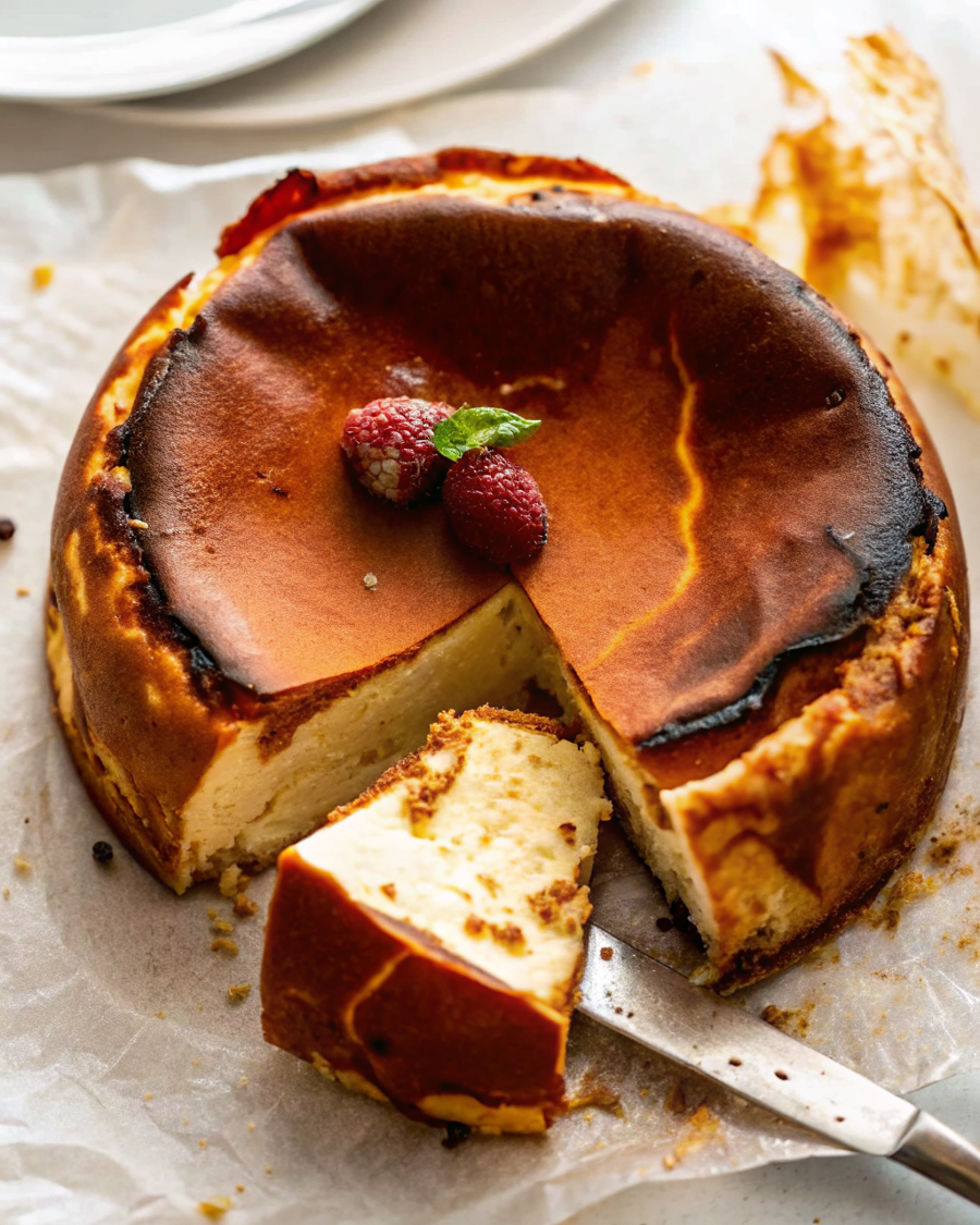 Finished Basque cheesecake with perfectly burnt caramelized top and rustic parchment paper sides, sliced to show the creamy interior