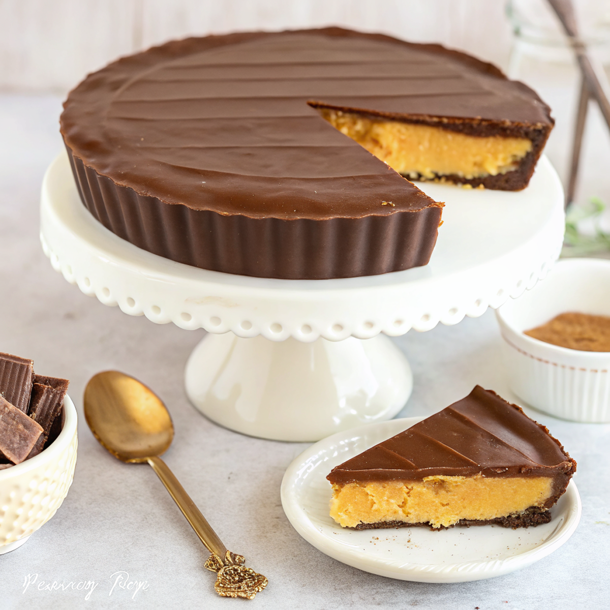 Finished giant peanut butter cup cut into wedges showing the perfect chocolate shell and creamy peanut butter filling