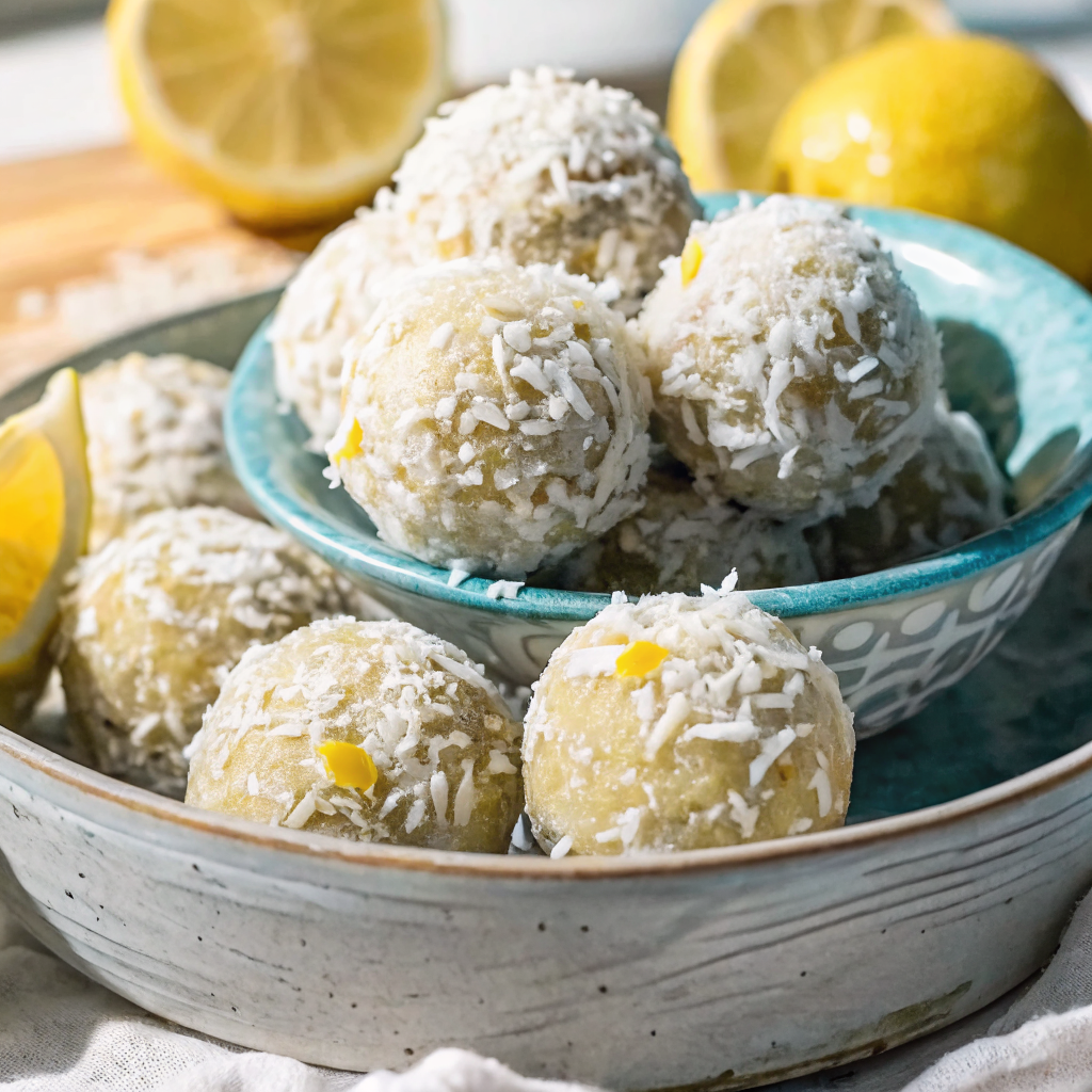 Beautiful finished No Bake Coconut Lemon Energy Balls arranged elegantly on a white marble surface with fresh lemon slices and mint garnish