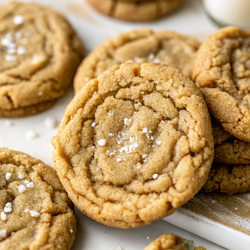 Stack of perfectly baked My Favorite Soft & Chewy Peanut Butter Cookies showing their golden edges and soft centers, garnished with sea salt flakes