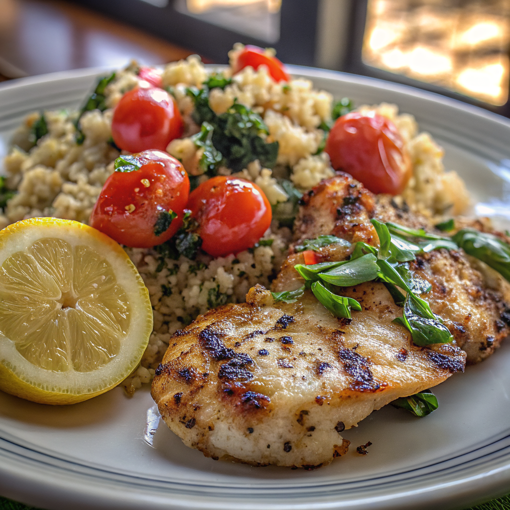 Final plated garlic lemon chicken quinoa dish showing perfectly arranged golden chicken, colorful vegetables, and fluffy quinoa with fresh herb garnish