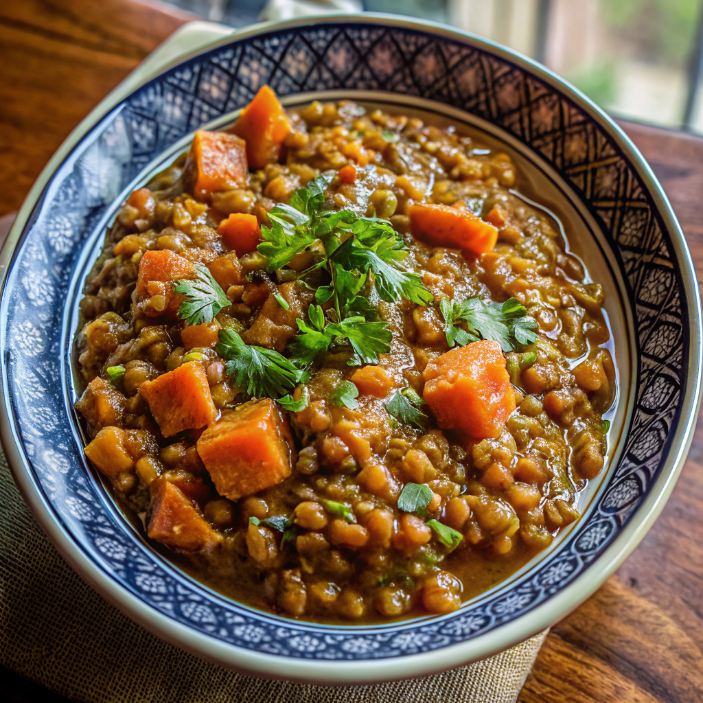 A bowl of finished lentil and sweet potato curry garnished with fresh cilantro, served alongside basmati rice, showing the rich orange color and creamy texture