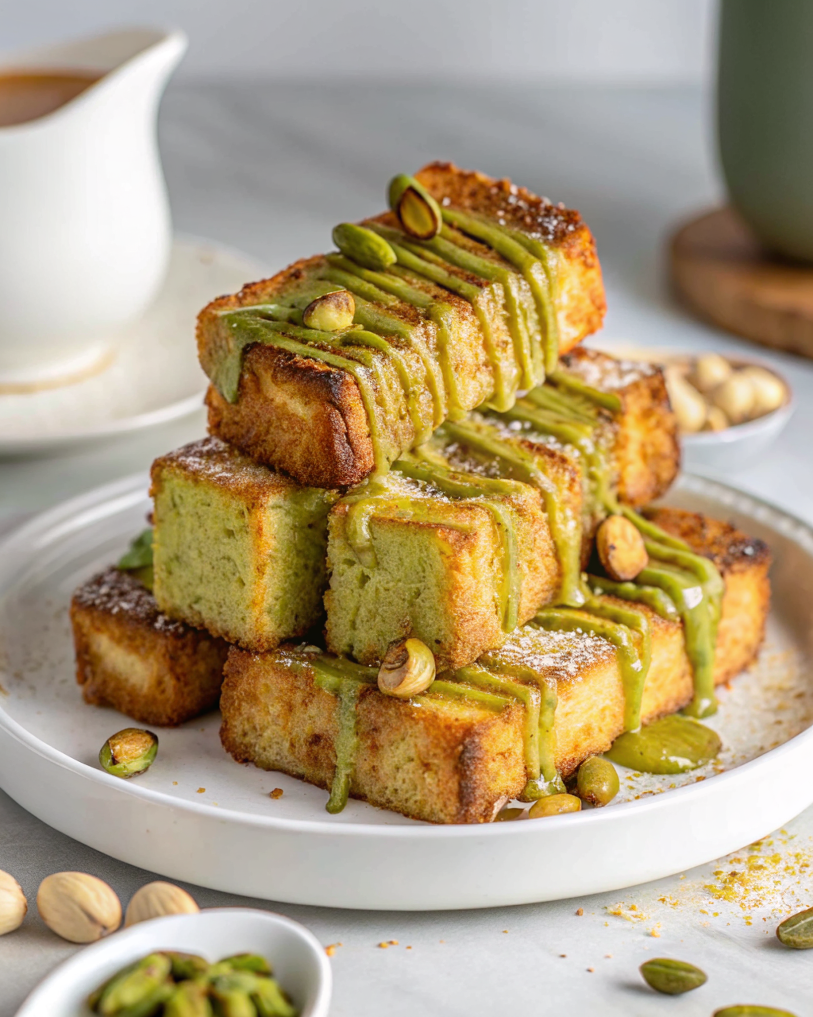 Golden brown pistachio french toast sticks stacked on a white plate, drizzled with creamy pistachio sauce and garnished with chopped pistachios