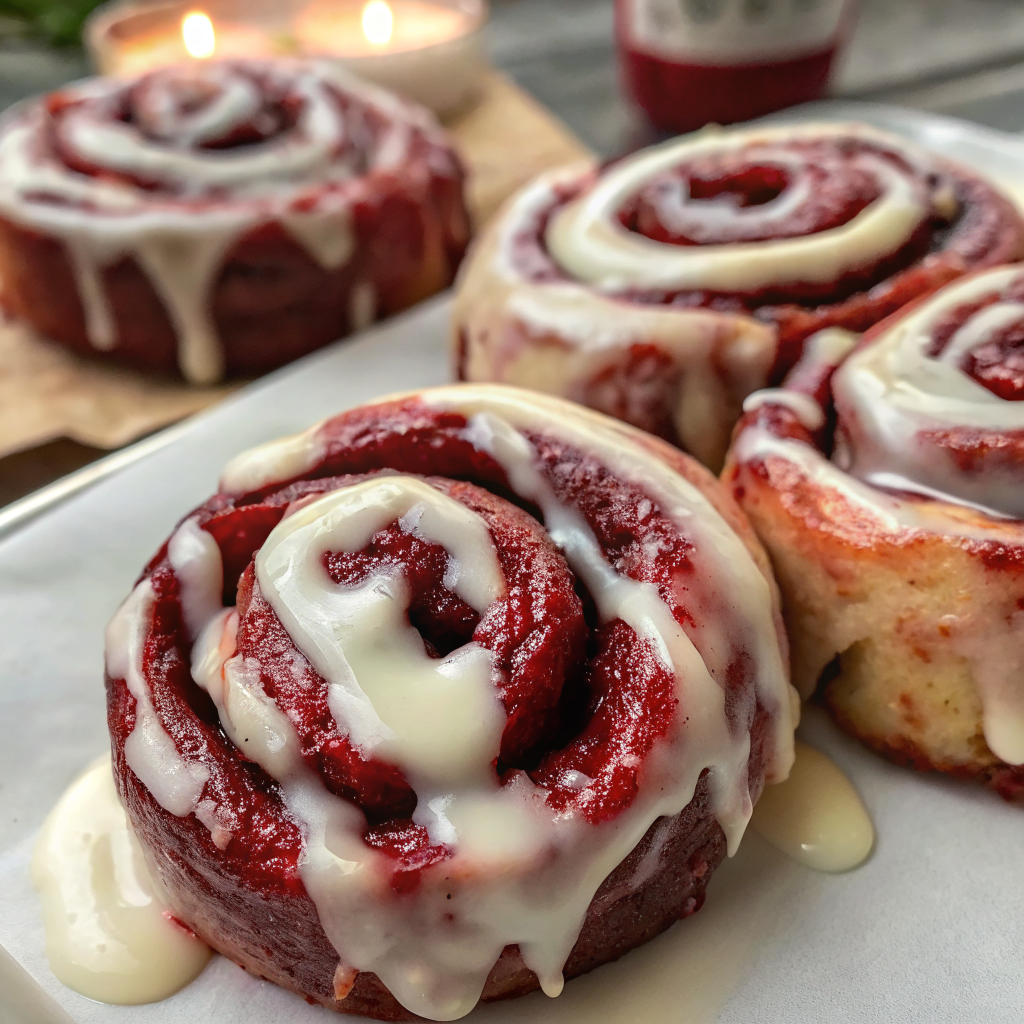 Finished Heavenly Red Velvet Cinnamon Rolls with cream cheese glaze dripping down the sides, showcasing the beautiful red swirls and golden-brown exterior
