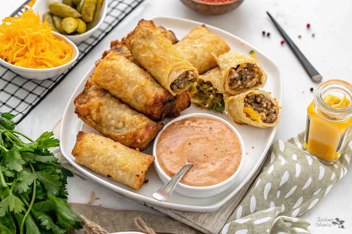 Golden crispy cheeseburger egg rolls served on a plate with special sauce for dipping
