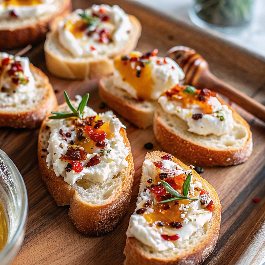 Beautifully plated sweet and spicy whipped feta crostini with hot honey drizzle on a rustic wooden board, garnished with fresh herbs and ready to serve