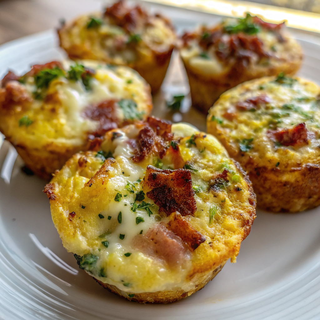 Golden-brown savory turkey bacon egg bites arranged on a white plate, showing the fluffy texture and colorful vegetable pieces throughout