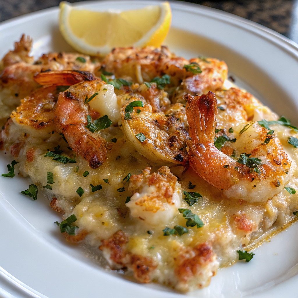 Finished Keto Garlic Shrimp Au Gratin in a white baking dish, showing golden bubbly cheese top with perfectly cooked shrimp visible underneath, garnished with fresh basil