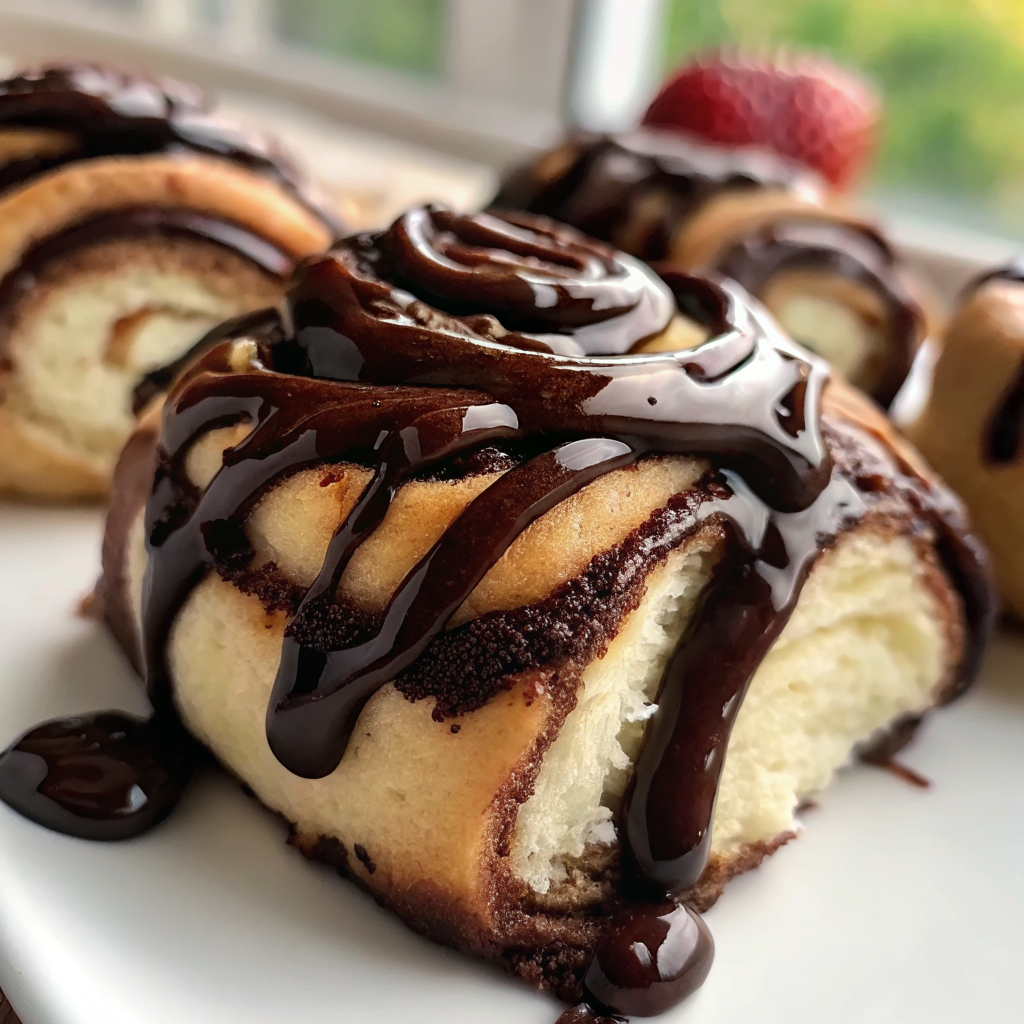 Beautiful finished sourdough chocolate rolls arranged on a rustic wooden board with artistic chocolate drizzle and perfect golden-brown color