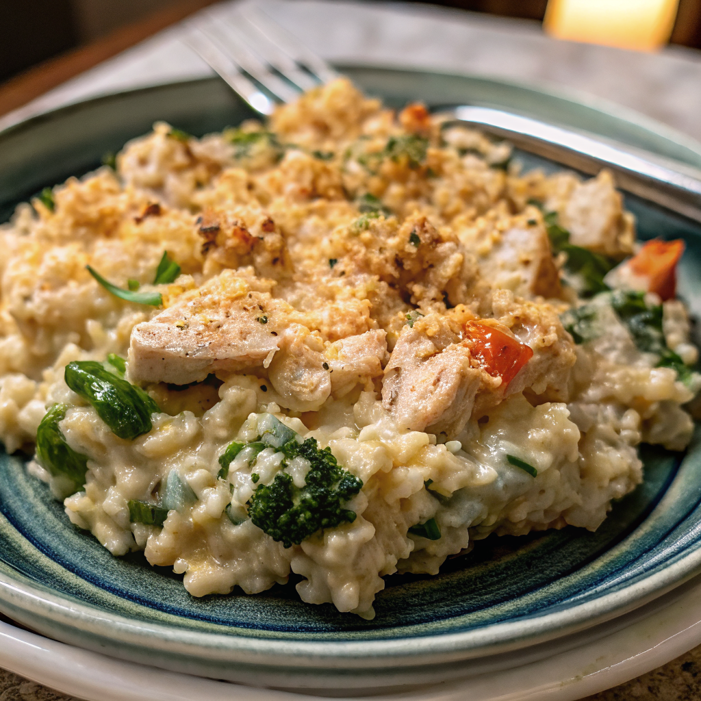 Golden baked Creamy Chicken Cauliflower Rice Casserole in a white baking dish, perfectly browned on top and ready to serve