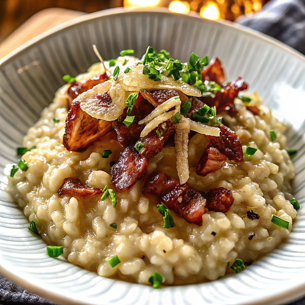 Finished caramelized onion beef bacon parmesan risotto in white bowl garnished with chives