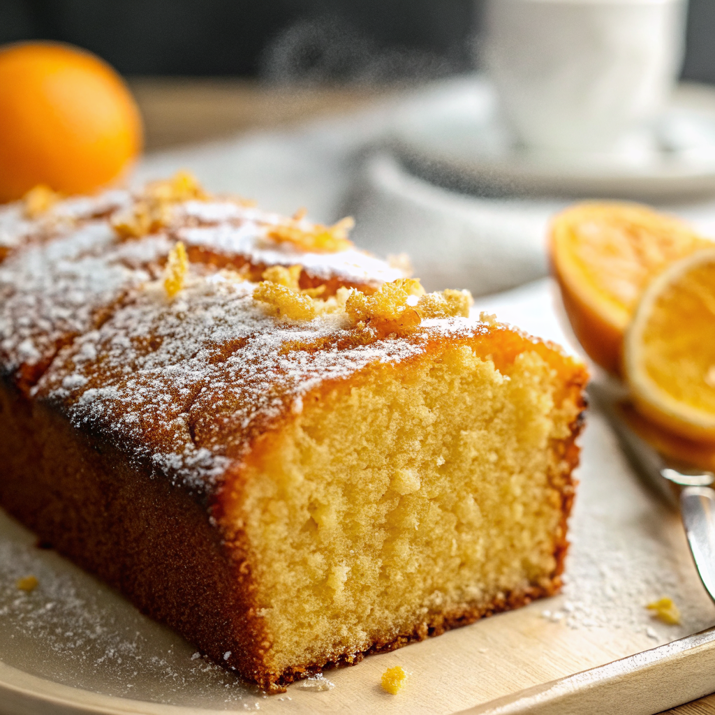 Beautifully sliced Orange Loaf Cake on elegant serving plate with powdered sugar dusting and orange garnish