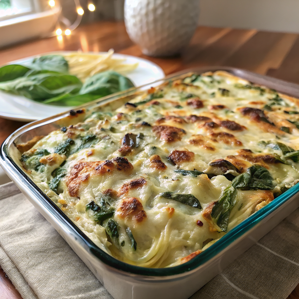 Perfectly golden high protein spinach artichoke bake sliced to reveal beautiful green and white layers, garnished with fresh herbs on elegant white plate