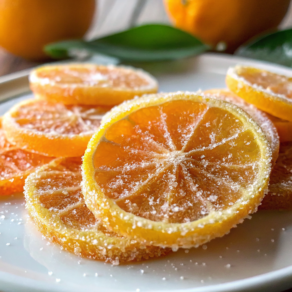 Beautiful finished candied orange slices arranged on a white plate, showing their translucent, crystallized appearance