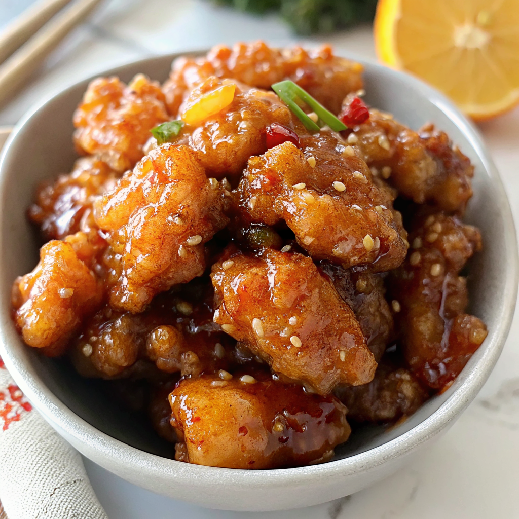 Beautifully plated Panda Express Orange Chicken with glossy amber sauce coating perfectly golden chicken pieces, garnished with green onions and sesame seeds on an elegant white plate