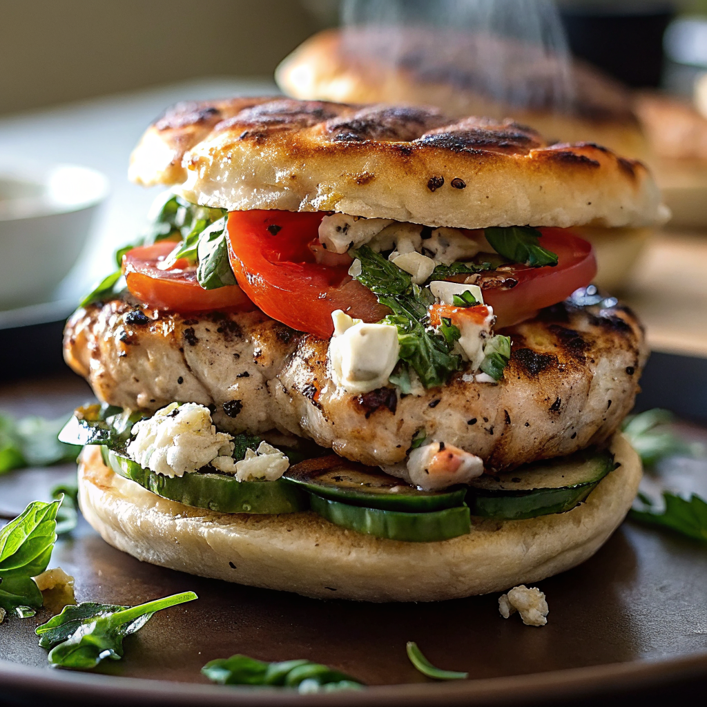 Beautifully plated Greek chicken burgers served on butter lettuce with tzatziki sauce, crumbled feta, and fresh vegetables on a rustic wooden board