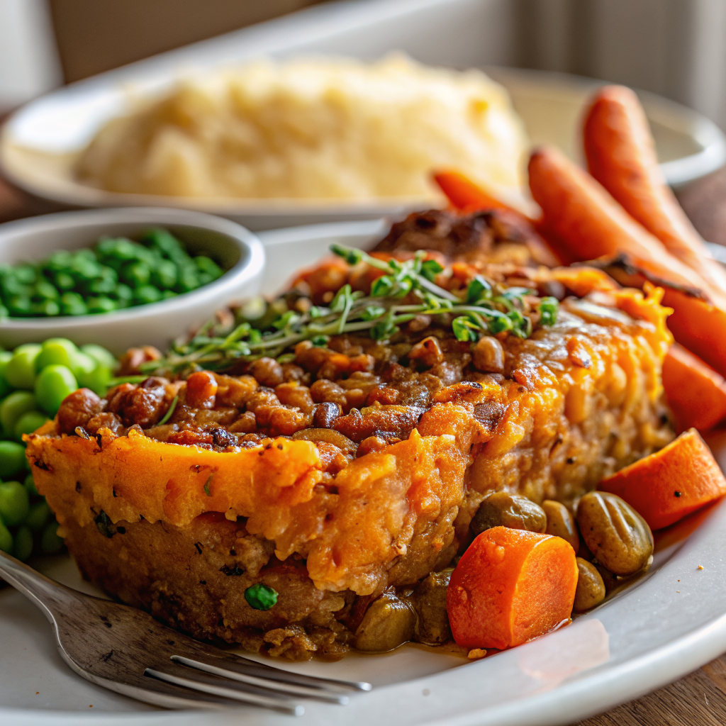 Perfectly golden sweet potato and lentil shepherd's pie served on a rustic plate with fresh herbs garnish