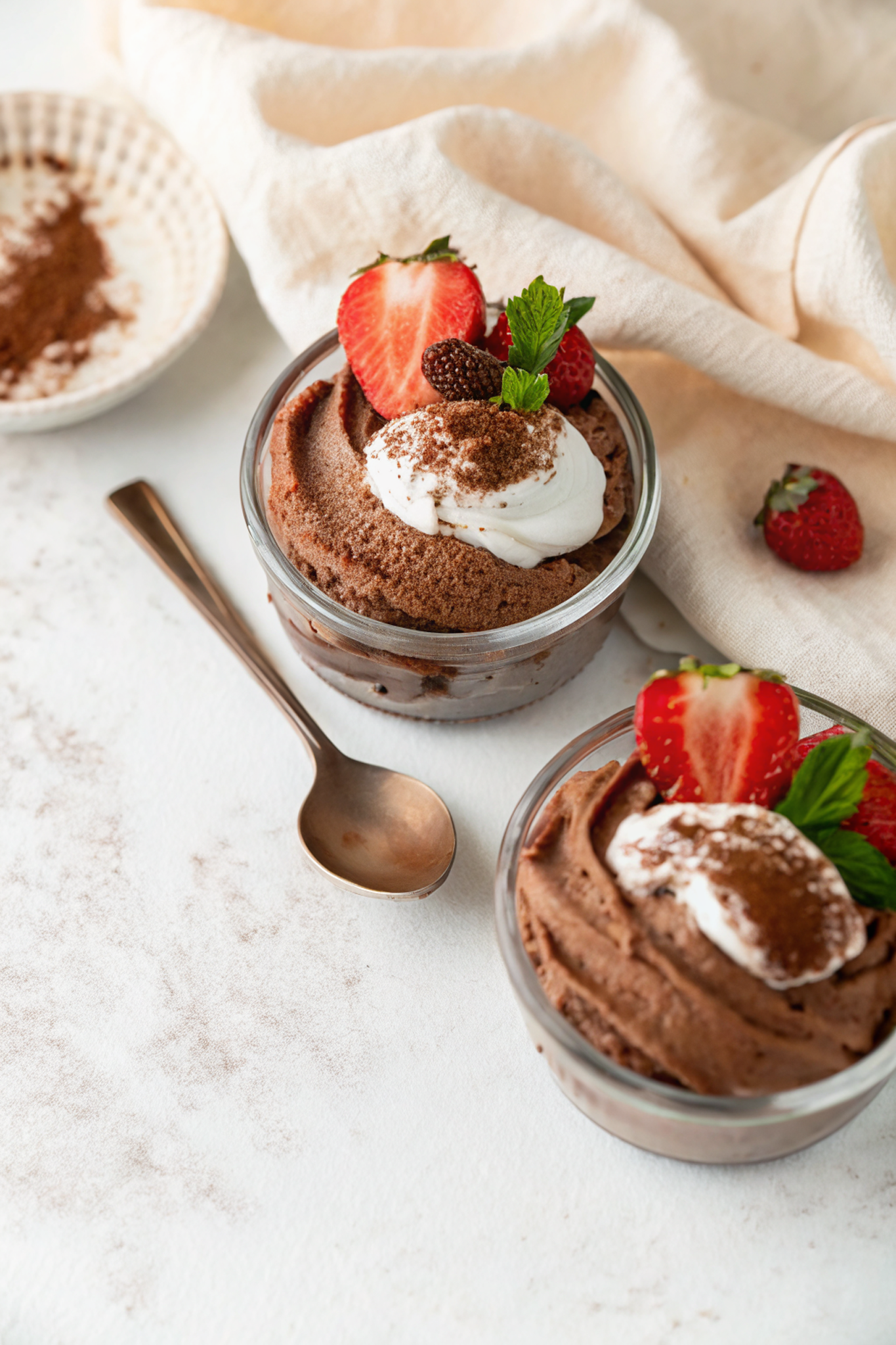 Final whipped Greek yogurt chocolate mousse served in elegant glasses topped with fresh berries and a mint garnish