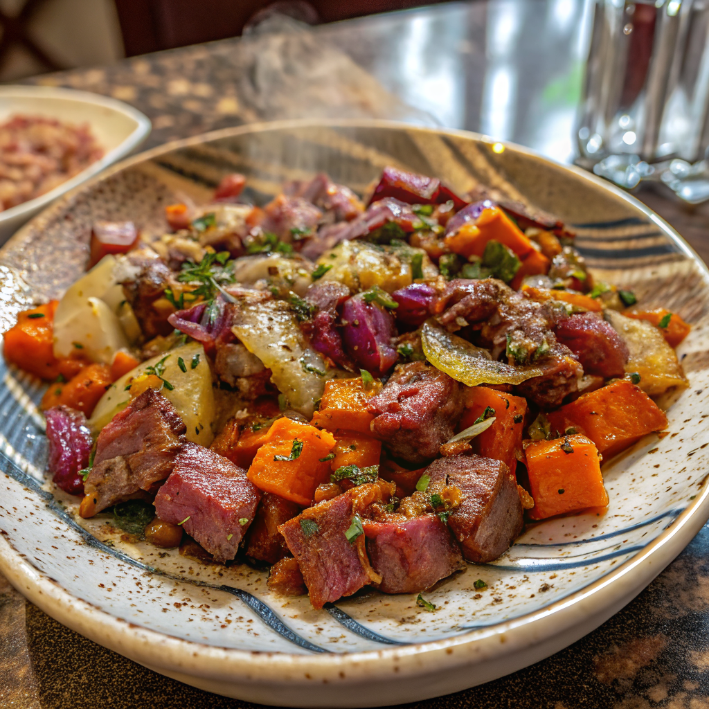 Final plated smoked beef sweet potato bake showing golden-brown top with tender sweet potatoes and savory beef mixture, garnished with fresh herbs