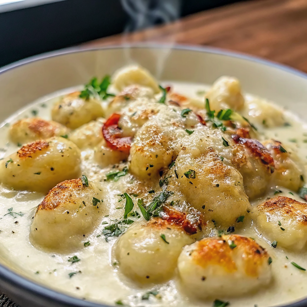Final plated millionaire gnocchi with creamy sauce in elegant white bowls garnished with fresh parsley and a drizzle of truffle oil