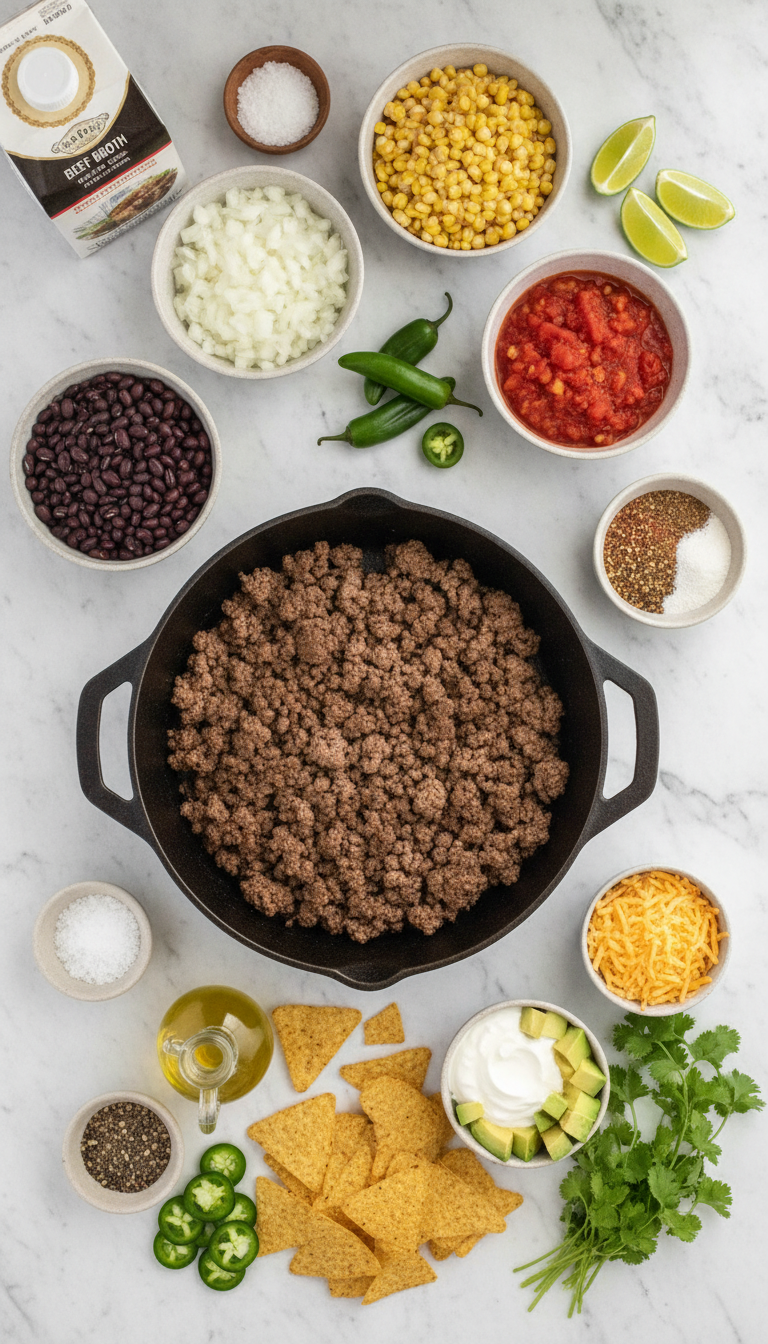 Colorful array of fresh ingredients for Best Taco Soup Recipe including vibrant red tomatoes, golden corn, dark kidney beans, and fresh herbs arranged on marble countertop