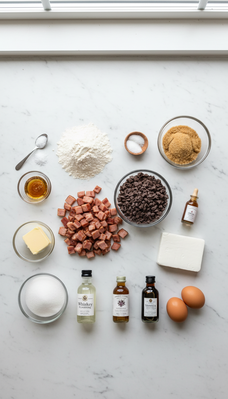 Ingredients for Vanilla-Kissed Turkey Bacon Chocolate Chunk Cookies laid out on a marble countertop