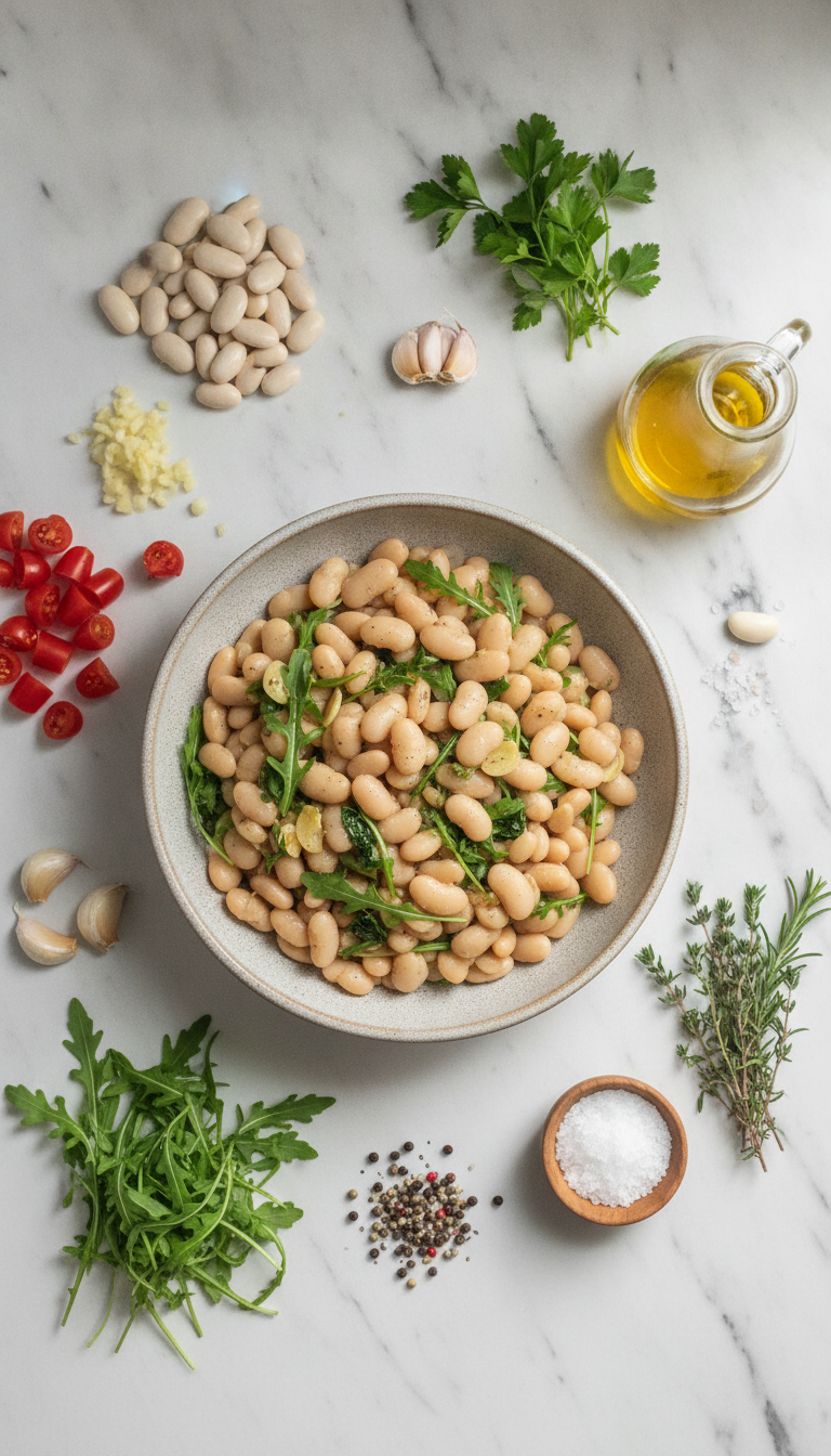 Fresh ingredients for braised white beans with garlic and arugula arranged on marble surface including white beans, fresh arugula, garlic cloves, diced tomatoes and olive oil