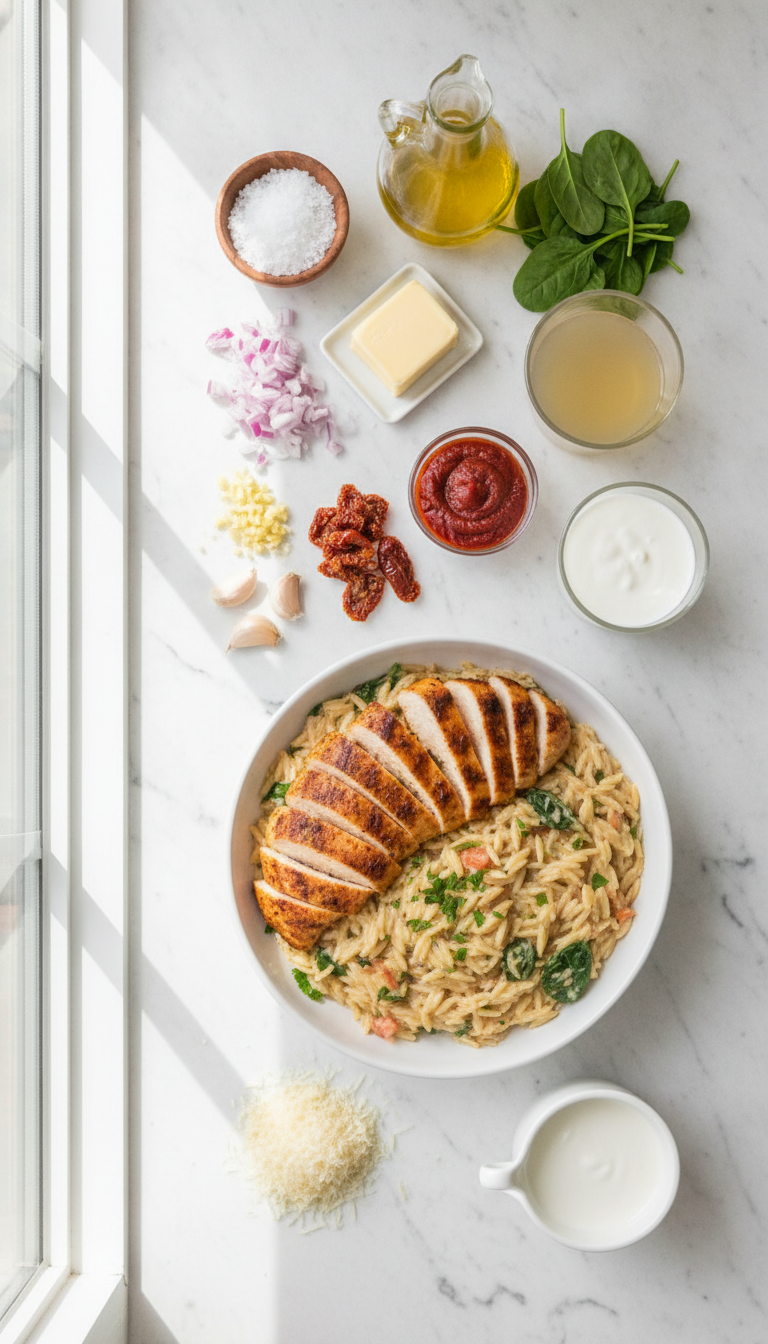 Fresh ingredients for Cajun Chicken Orzo arranged on marble surface including chicken breast strips, orzo pasta, vibrant spices, and colorful vegetables