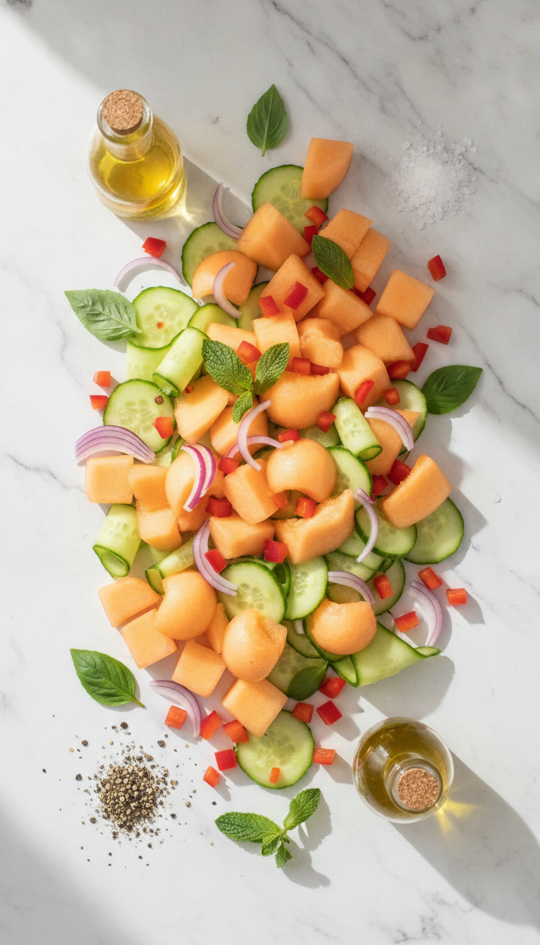Fresh cantaloupe cubes, cucumber slices, red bell pepper strips, and red onion arranged beautifully with herbs and seasonings for Cantaloupe + Cucumber Salad