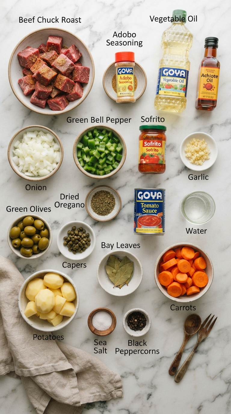 Fresh ingredients for carne guisada including beef cubes, sofrito, achiote oil, and vegetables arranged on a wooden cutting board