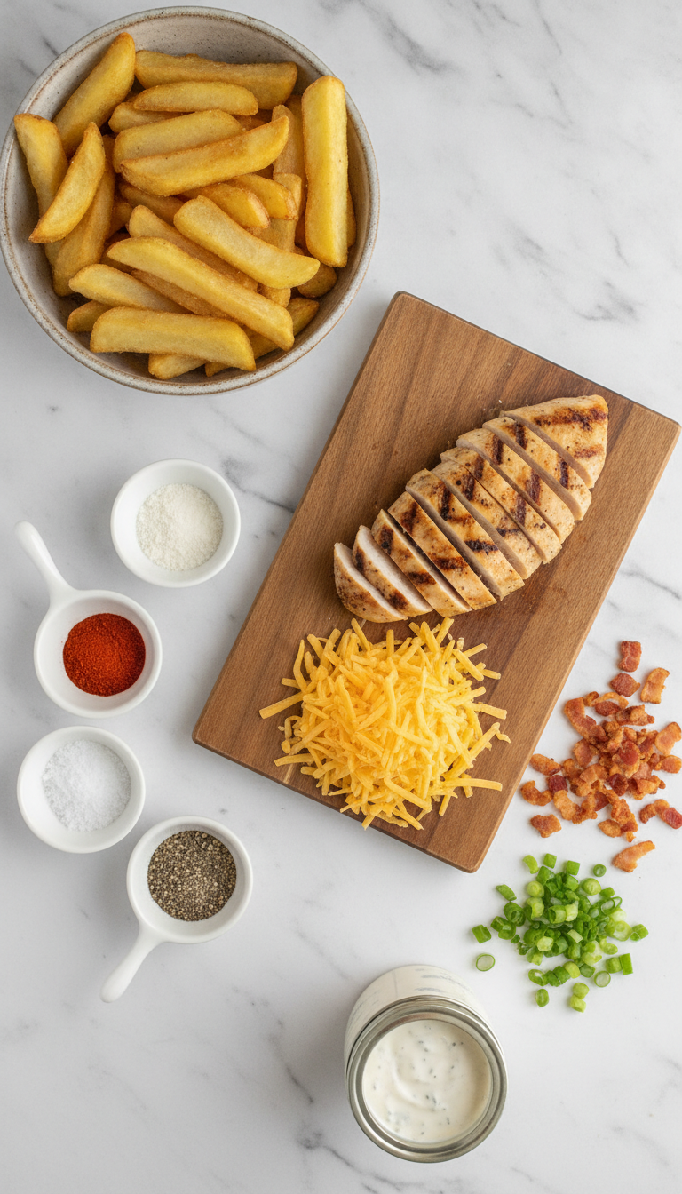 Fresh ingredients for Chicken Turkey Bacon Ranch Fries arranged on a marble surface with golden french fries, seasoned chicken breast, turkey bacon bits, and vibrant garnishes