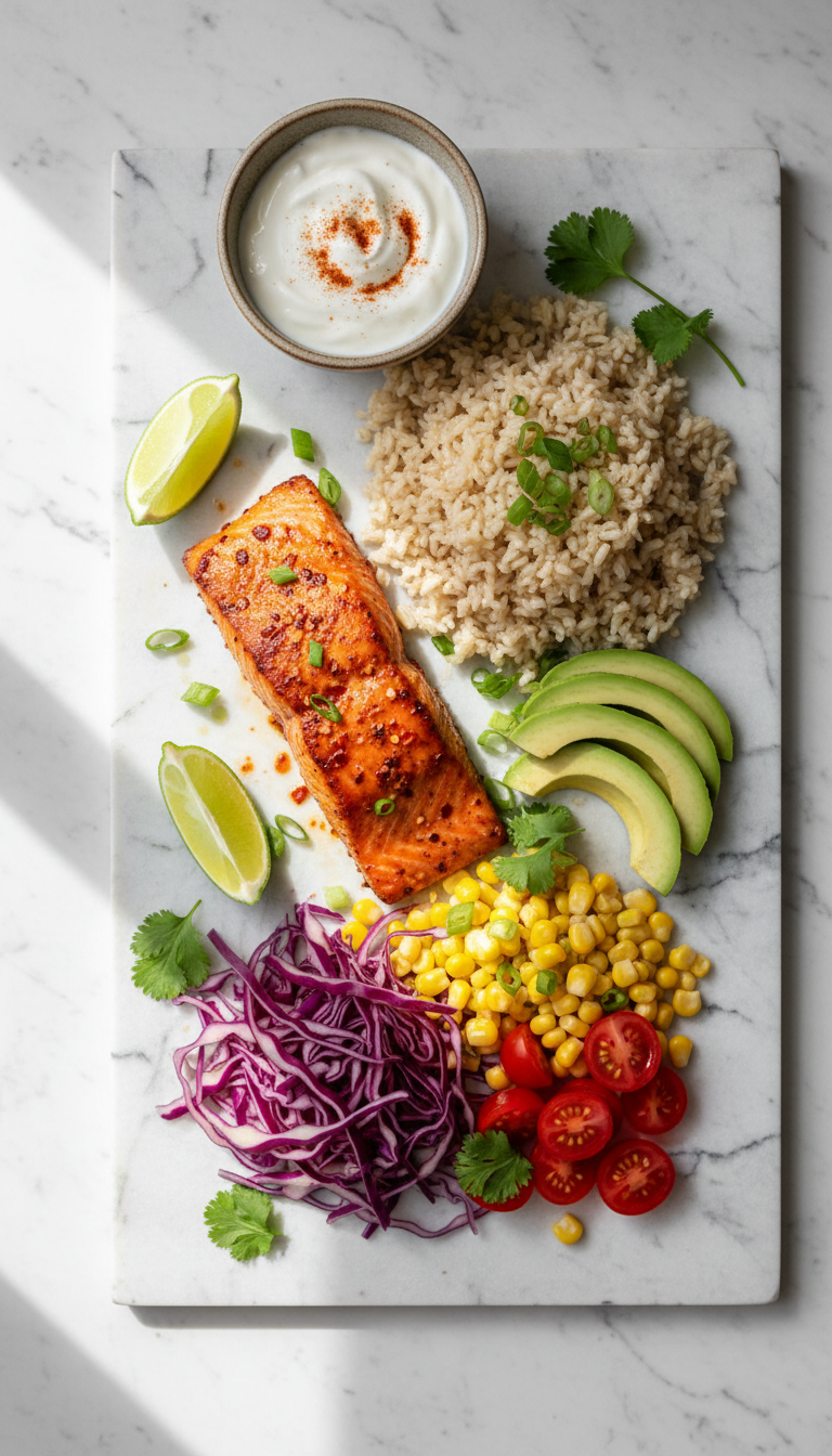 Fresh ingredients for chili lime salmon bowls arranged on marble countertop including salmon fillets, lime, colorful vegetables, and spices