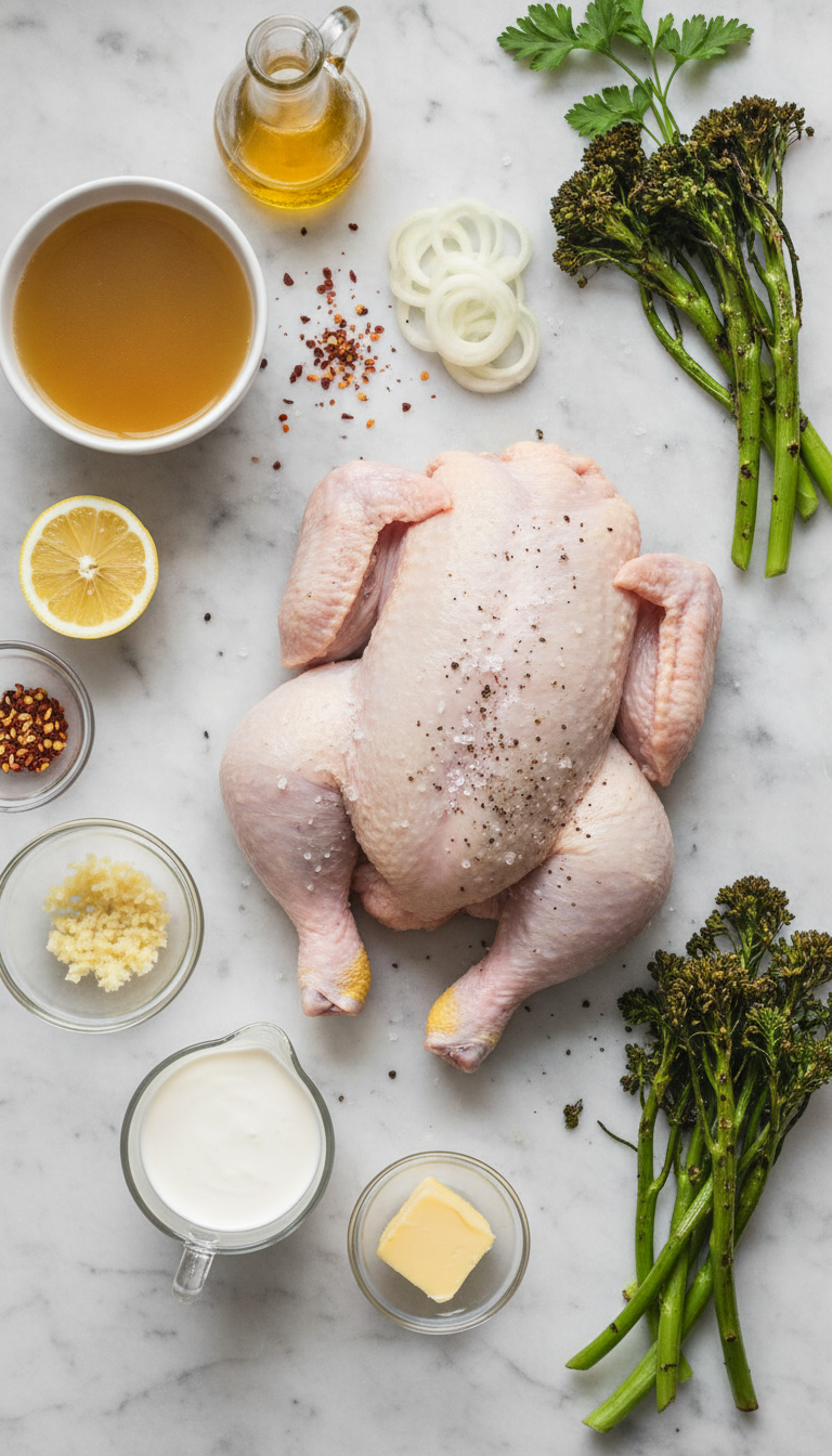 Fresh ingredients for One Skillet Chicken with Lemon Garlic Cream Sauce arranged on marble countertop