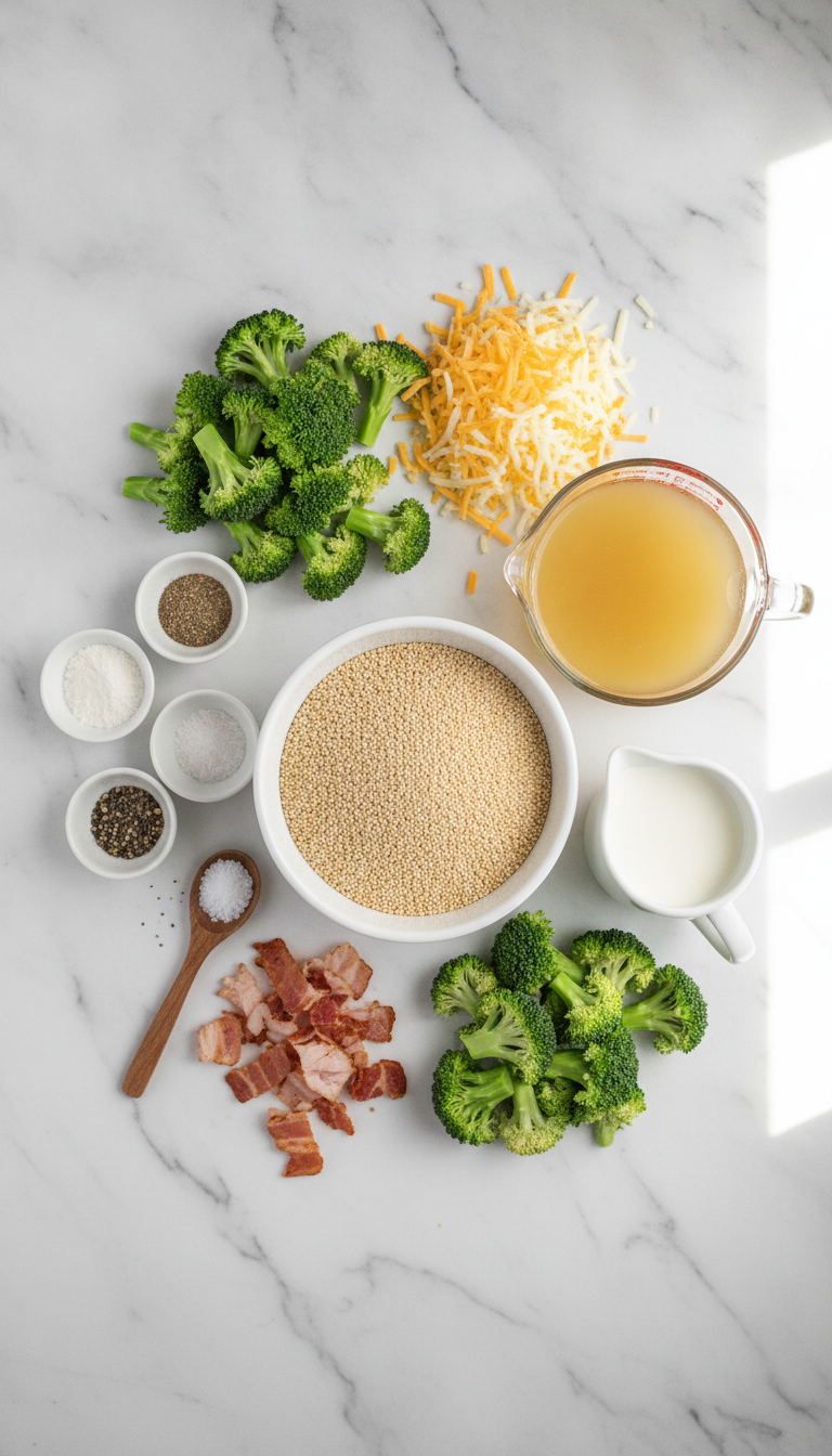 Ingredients for creamy quinoa broccoli and cheese casserole arranged on marble surface with natural lighting