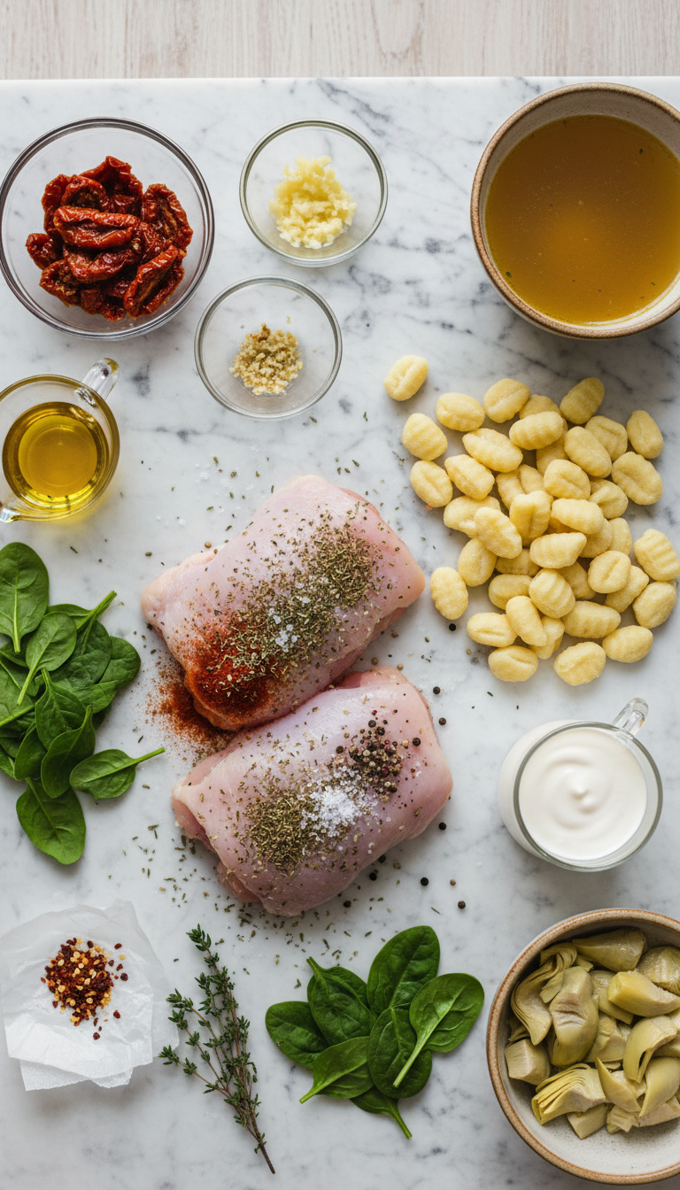 Fresh ingredients for Creamy Tuscan Chicken and Gnocchi arranged on marble surface including golden chicken thighs, vibrant spinach, ruby sun-dried tomatoes, and pillowy gnocchi