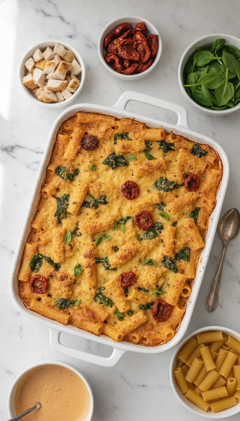 Fresh ingredients for creamy Tuscan chicken pasta bake including pasta, chicken, sun-dried tomatoes, spinach, and cream