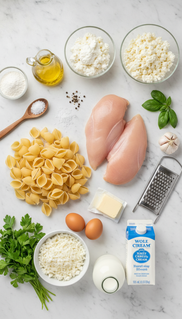 Fresh ingredients for Chicken Alfredo Stuffed Shells arranged on marble countertop including jumbo pasta shells, chicken breasts, ricotta cheese, and fresh herbs