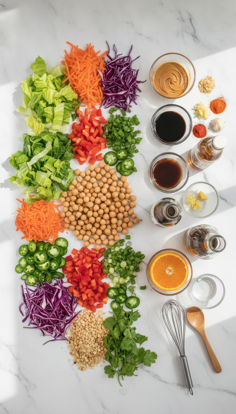 Fresh ingredients for Thai Chickpea Salad with Peanut Dressing including chickpeas, colorful vegetables, and peanut butter