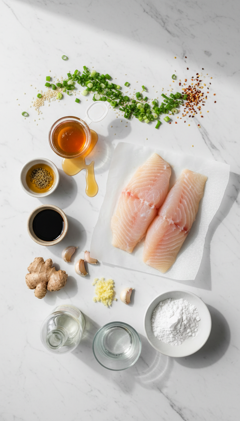 Fresh ingredients for Easy Ginger Soy Cod including cod fillets, soy sauce, sesame oil, honey, ginger, and garnishes arranged on a marble surface
