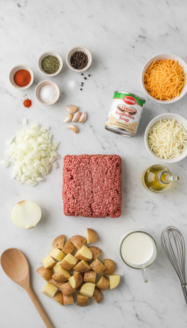 Fresh ingredients for Easy Hobo Casserole arranged on marble countertop including ground beef, sliced potatoes, cheeses, and cream soup