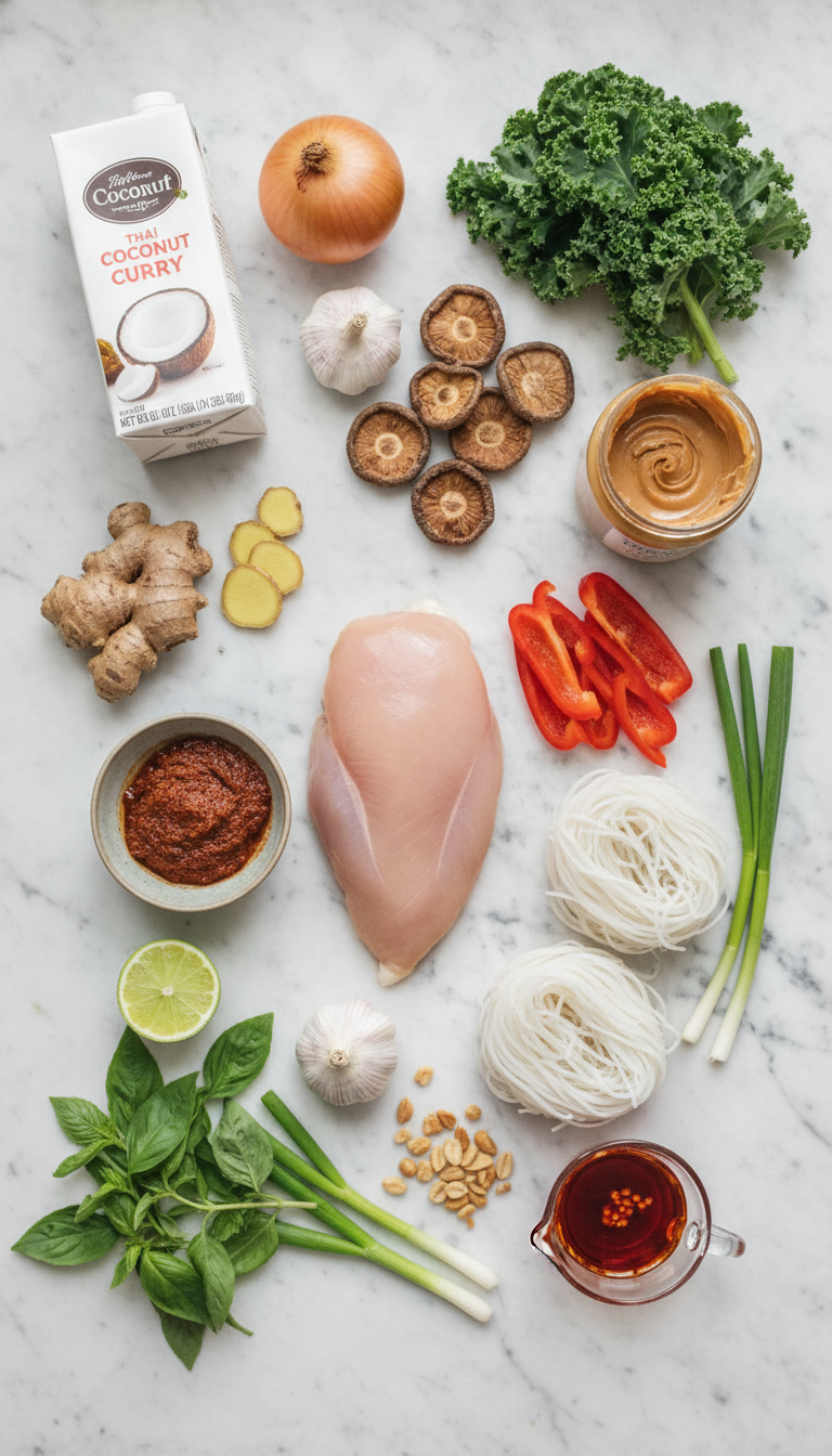 Fresh ingredients laid out for Thai chicken curry soup including chicken breast, coconut milk, Thai red curry paste, vegetables, and aromatic spices