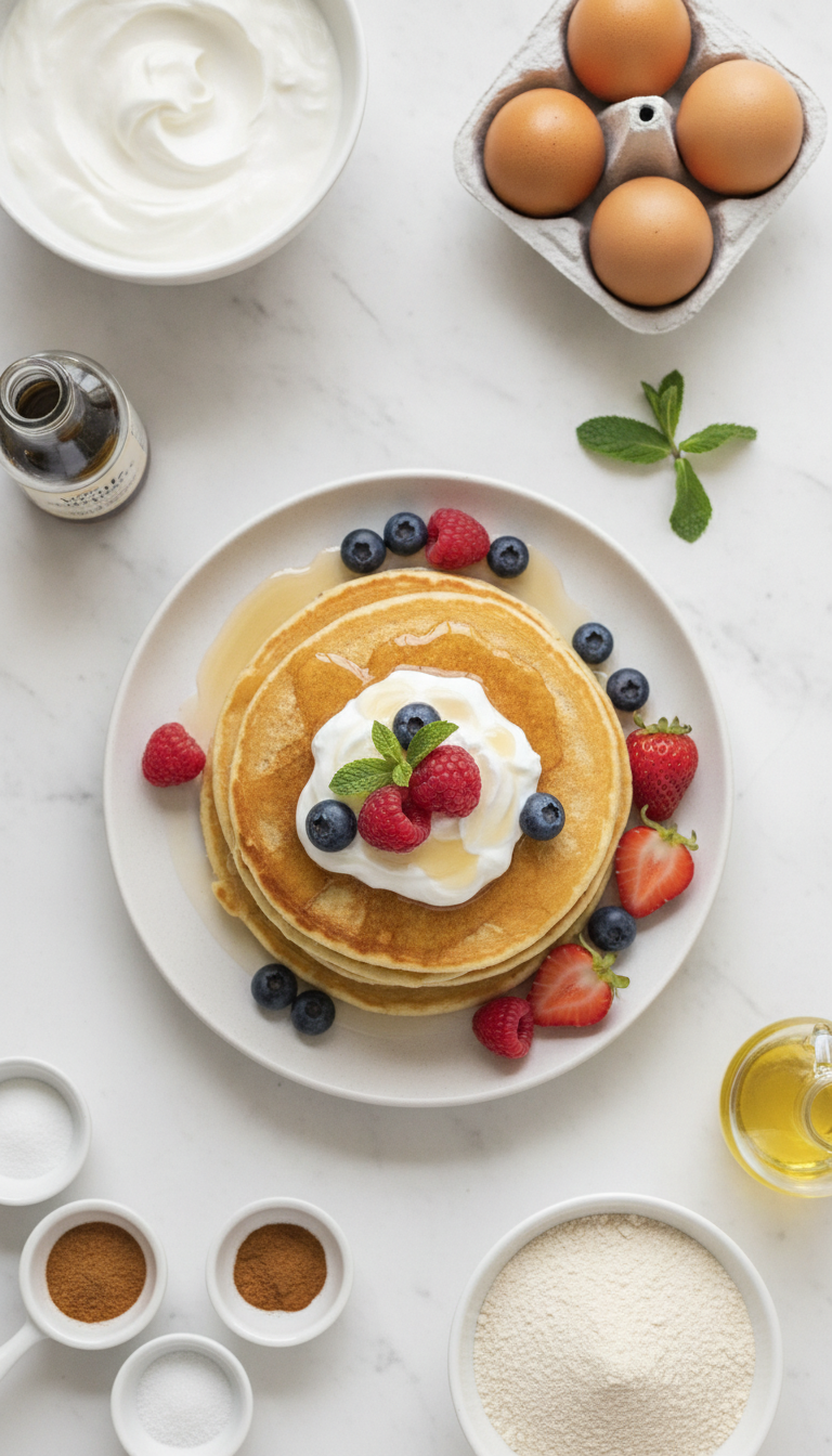 Fresh ingredients for fluffy Greek yogurt protein pancakes with oat flour arranged on a clean kitchen counter