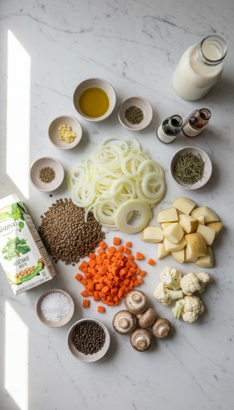 Colorful array of fresh ingredients for French Onion Shepherd's Pie including golden onions, vibrant green lentils, orange carrots, and creamy cauliflower arranged artistically on a marble surface