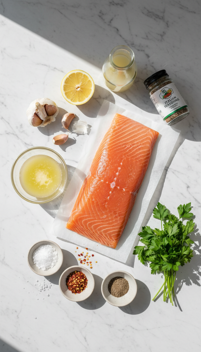 Fresh salmon fillet with garlic, butter, lemon, and herbs arranged on a wooden cutting board for garlic butter baked salmon in foil recipe