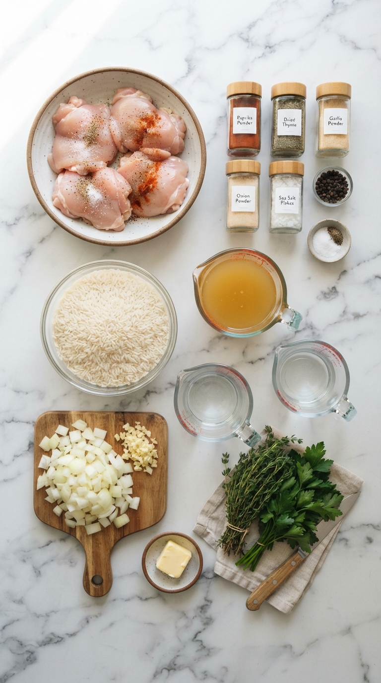 Fresh ingredients for oven baked chicken and rice including bone-in chicken thighs, white rice, onion, garlic, and aromatic spices arranged on a wooden cutting board
