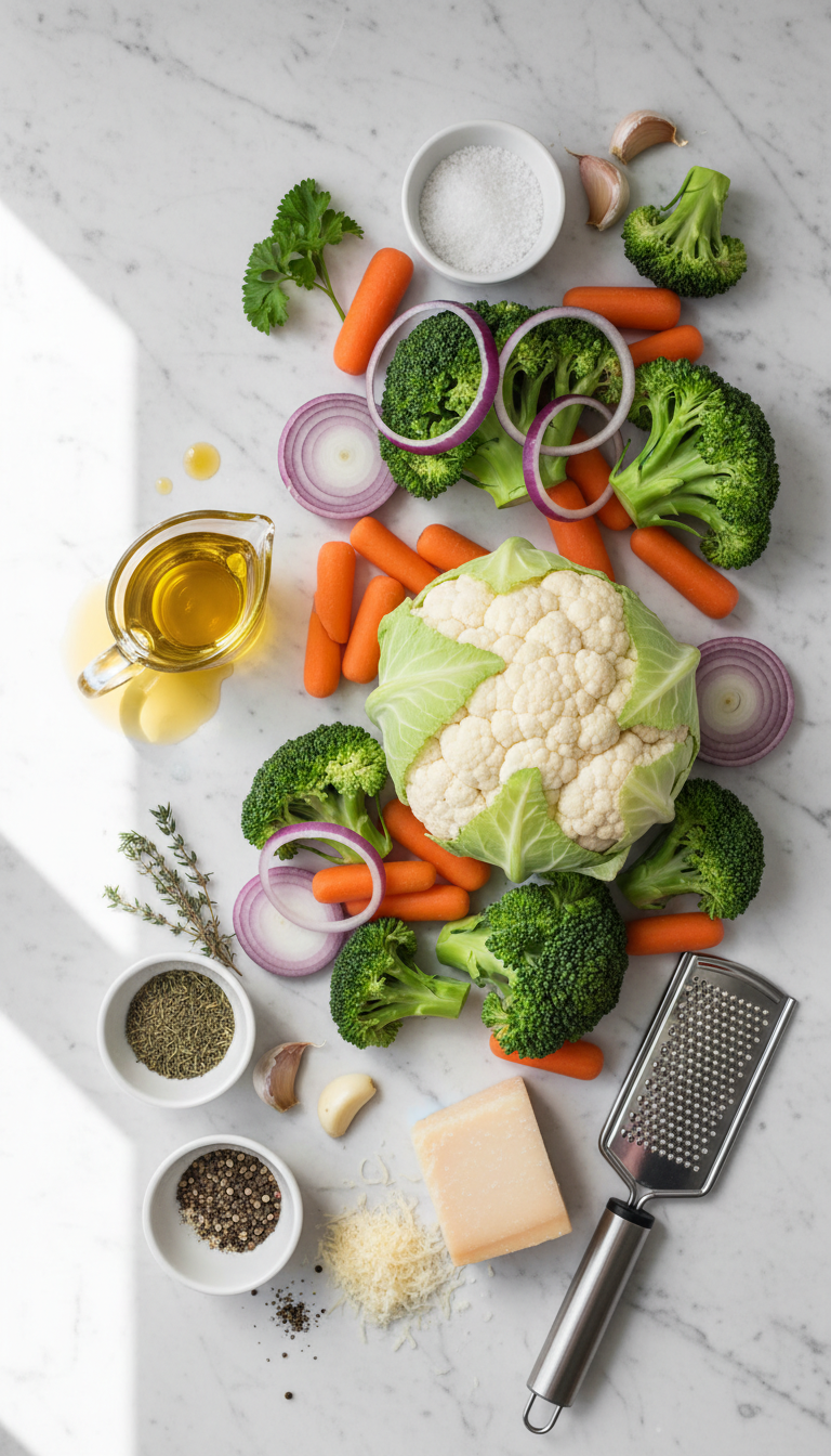 Fresh ingredients for Easy Garlic Parmesan Roasted Vegetables including colorful cauliflower florets, vibrant broccoli crowns, and baby carrots arranged on a marble countertop