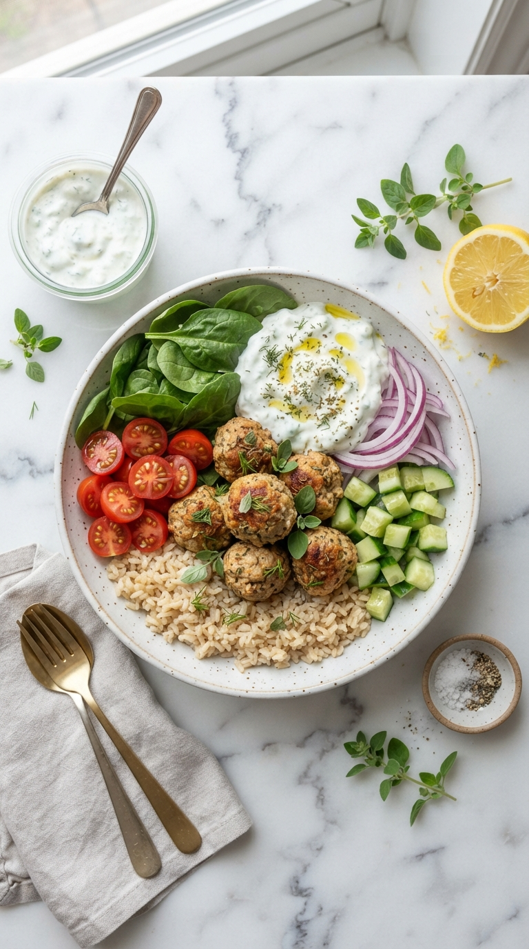 Fresh ingredients for gyro turkey meatball grain bowls including ground turkey, spinach, herbs, and vegetables arranged on a clean counter
