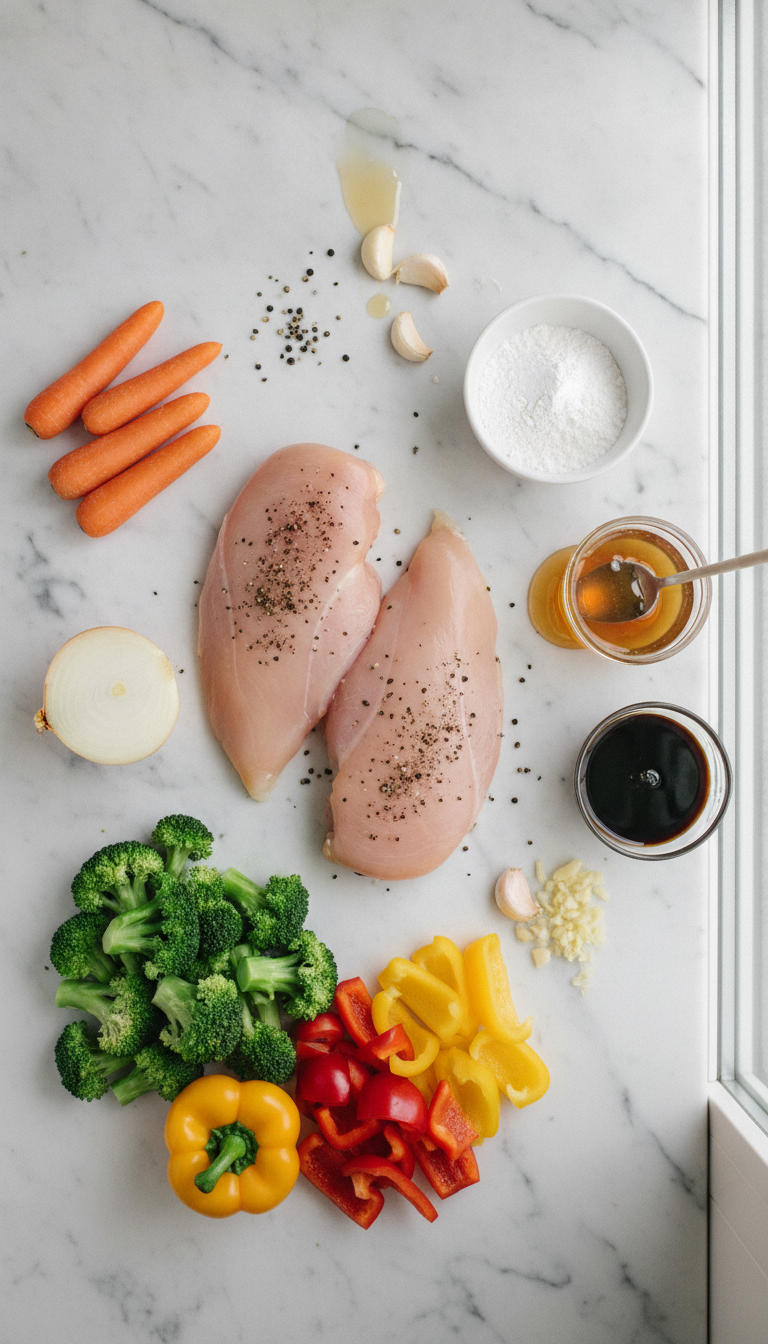 Fresh ingredients for One Pan Honey Garlic Chicken and Veggies arranged artistically with vibrant vegetables and golden honey