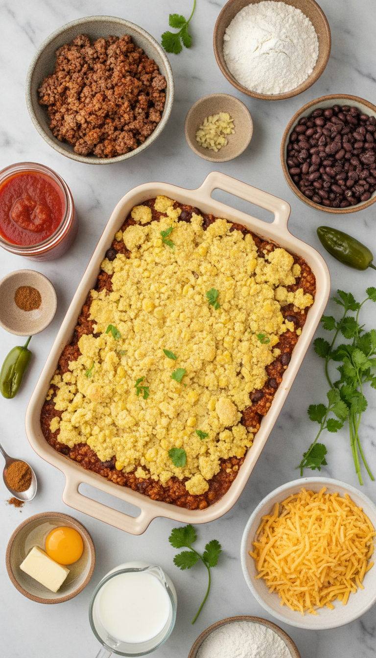 Fresh ingredients for Easy Taco Casserole Bake with Cornbread Topping arranged on marble surface